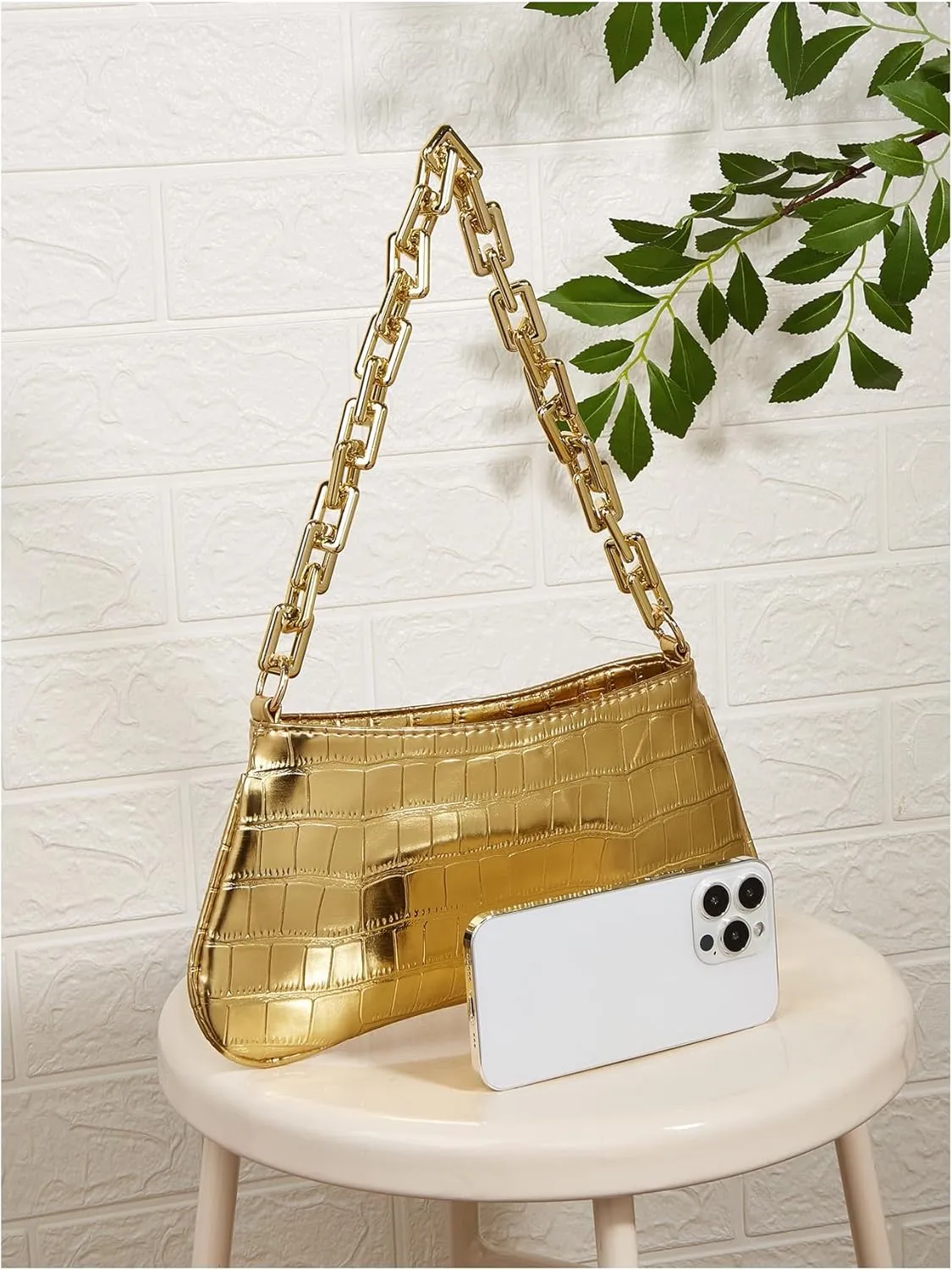 SweatyRocks Women's Metallic Crocodile Shoulder Bags Chain Clutch Purses with Zipper