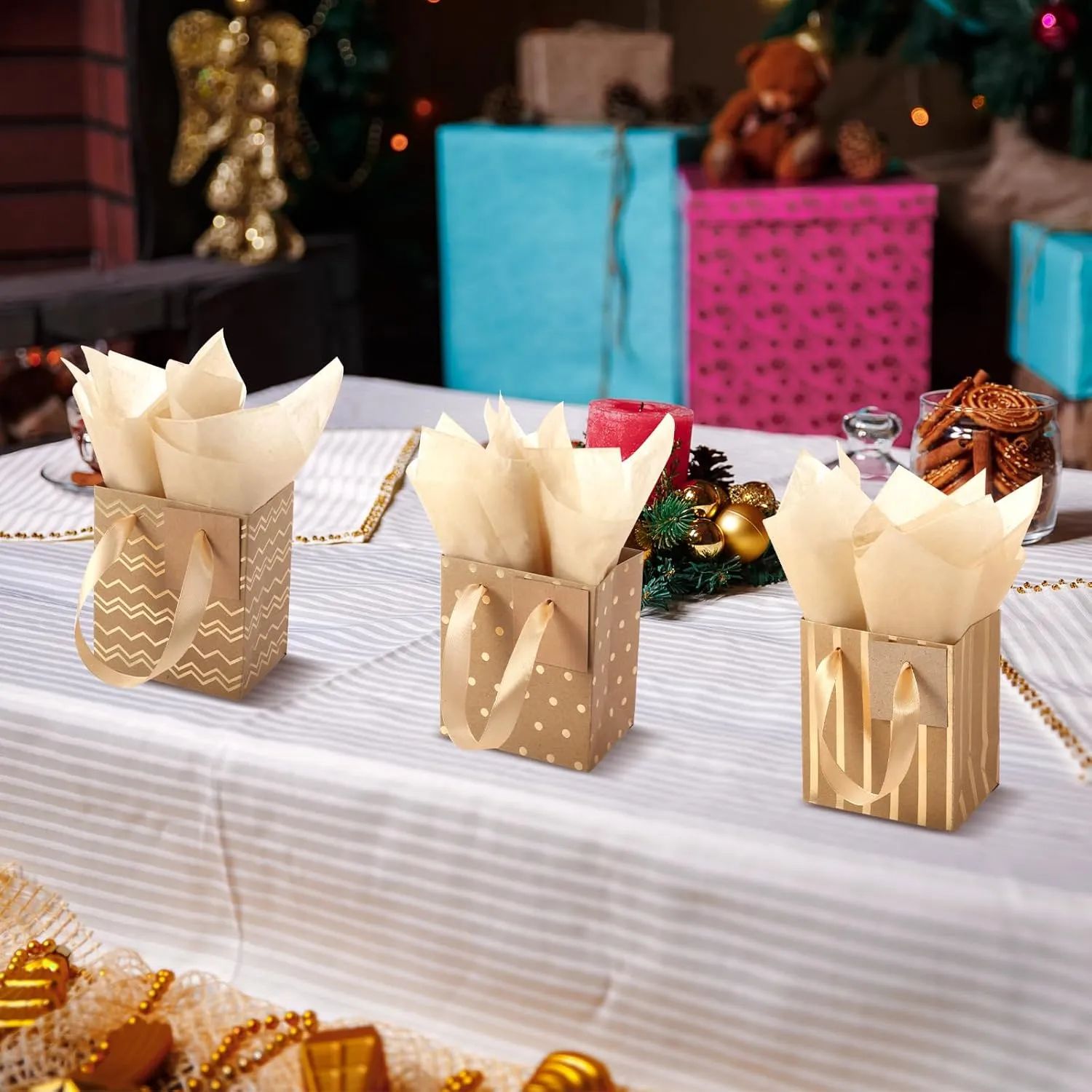 Tenare 12 Pcs Small Gift Bags Mini Metallic Paper Bag with Handle Tissue Paper for Mother Father 's Day Graduation Party Favor Supplies(4 x 2.75 x 4.5 Inch,Brown Gold)
