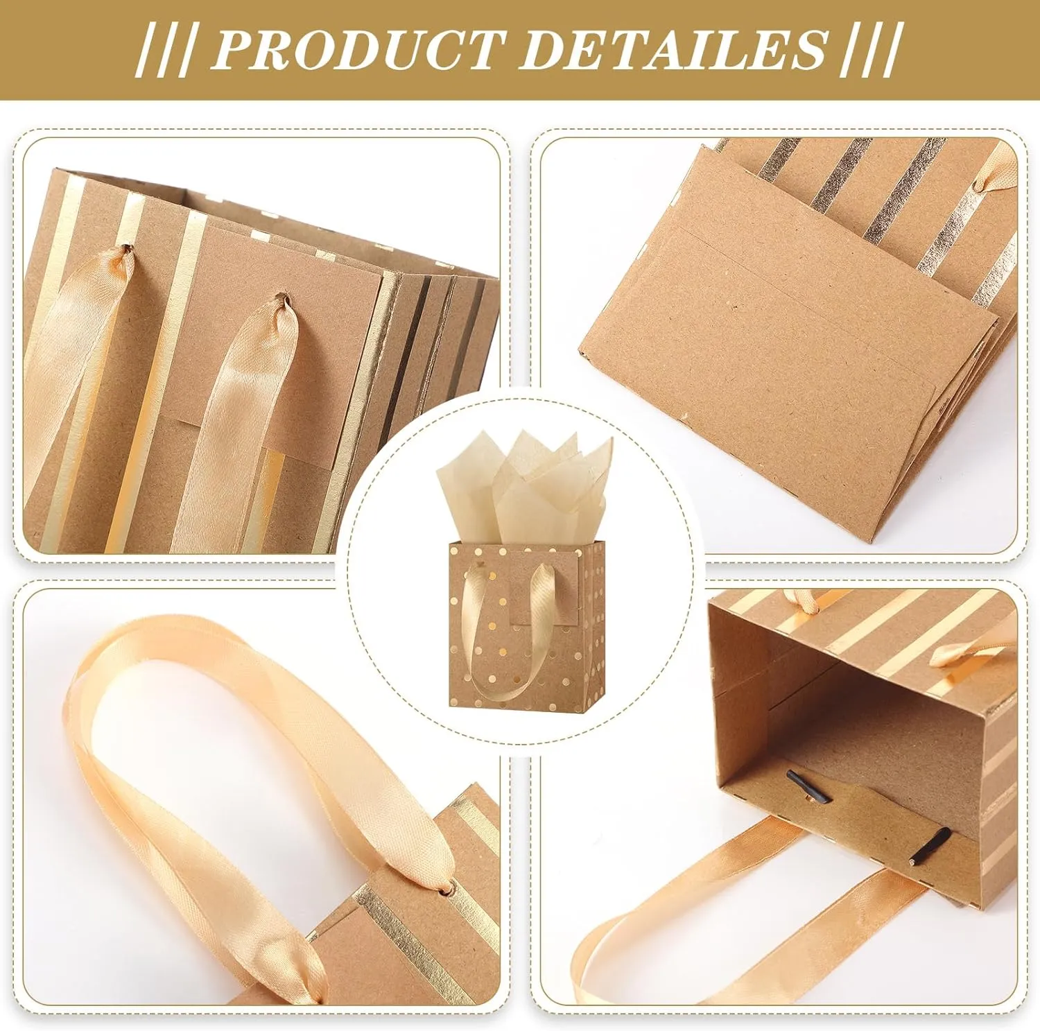 Tenare 12 Pcs Small Gift Bags Mini Metallic Paper Bag with Handle Tissue Paper for Mother Father 's Day Graduation Party Favor Supplies(4 x 2.75 x 4.5 Inch,Brown Gold)