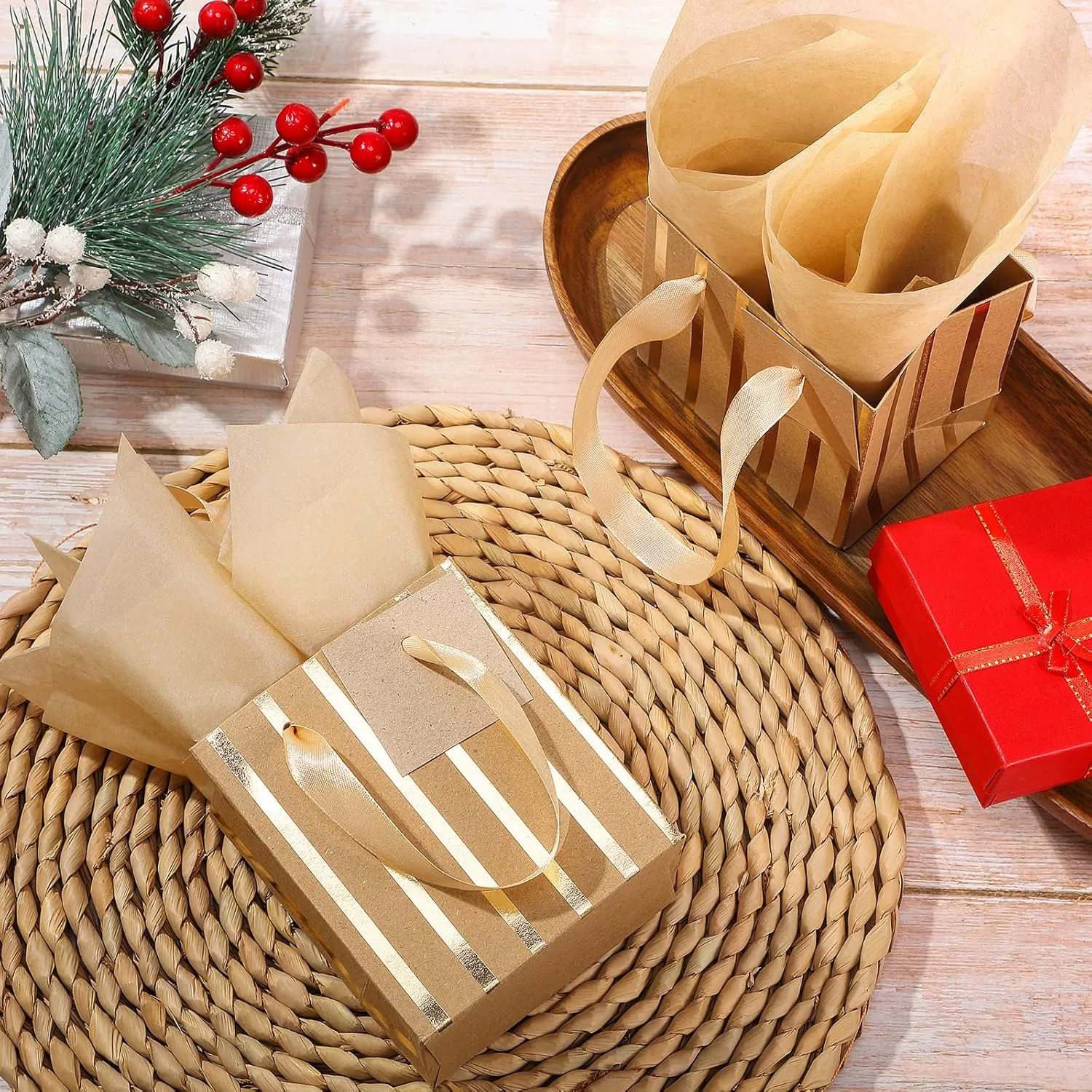 Tenare 12 Pcs Small Gift Bags Mini Metallic Paper Bag with Handle Tissue Paper for Mother Father 's Day Graduation Party Favor Supplies(4 x 2.75 x 4.5 Inch,Brown Gold)