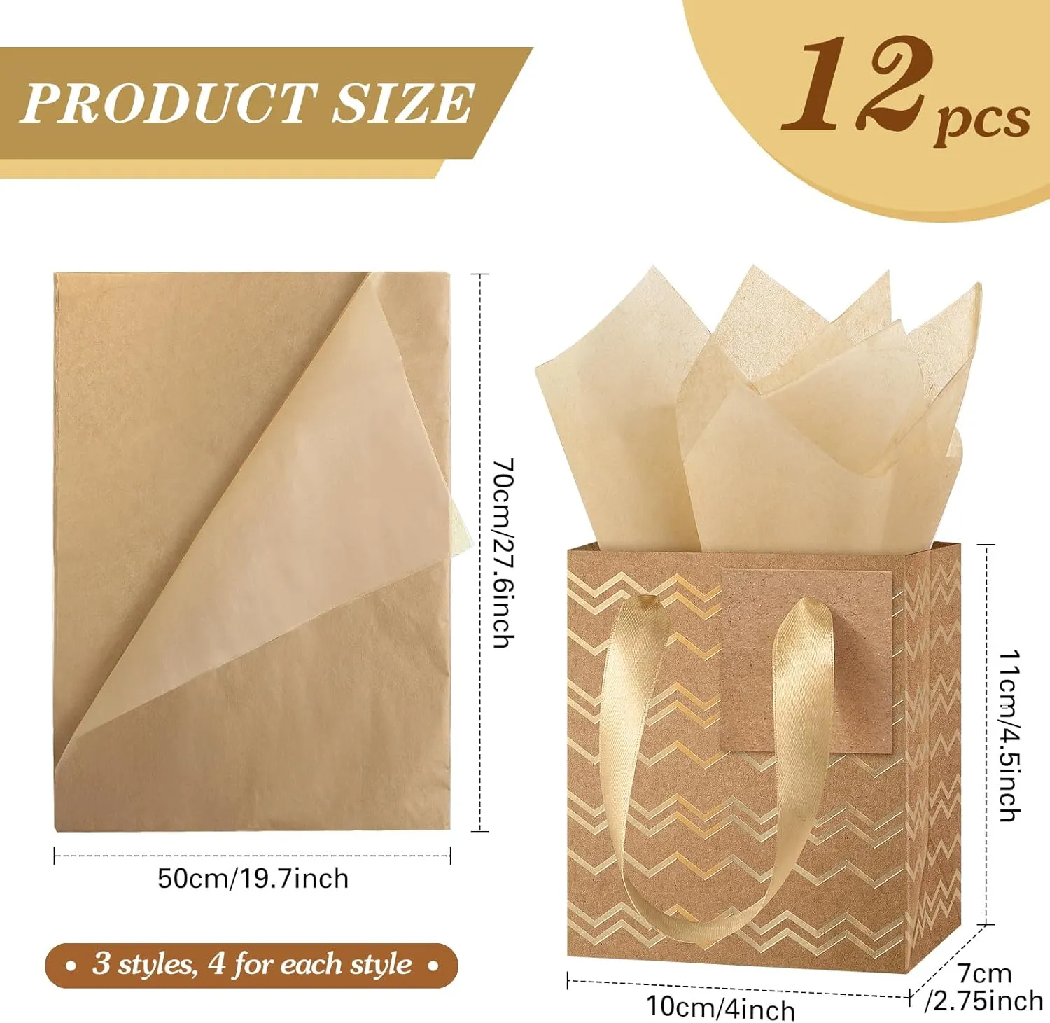 Tenare 12 Pcs Small Gift Bags Mini Metallic Paper Bag with Handle Tissue Paper for Mother Father 's Day Graduation Party Favor Supplies(4 x 2.75 x 4.5 Inch,Brown Gold)