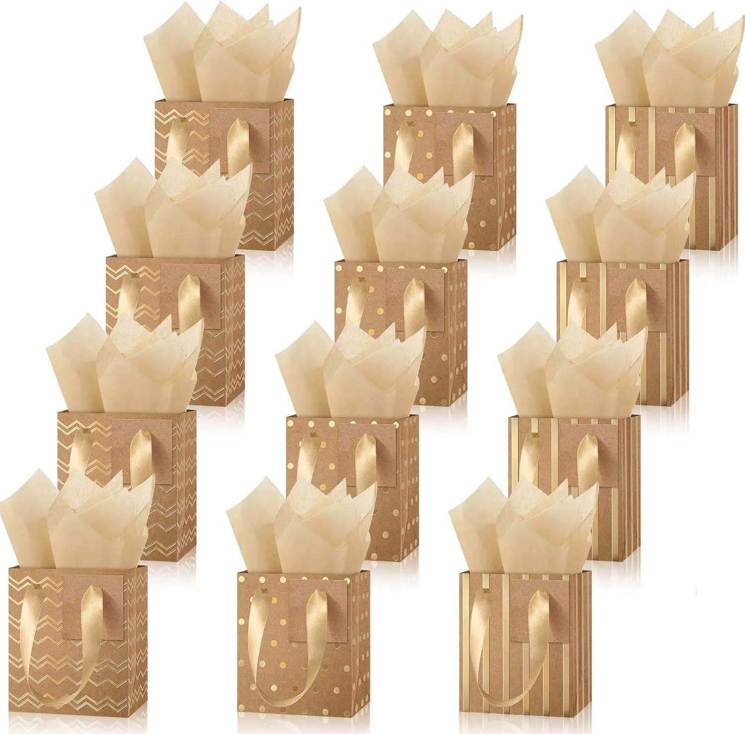 Tenare 12 Pcs Small Gift Bags Mini Metallic Paper Bag with Handle Tissue Paper for Mother Father 's Day Graduation Party Favor Supplies(4 x 2.75 x 4.5 Inch,Brown Gold)