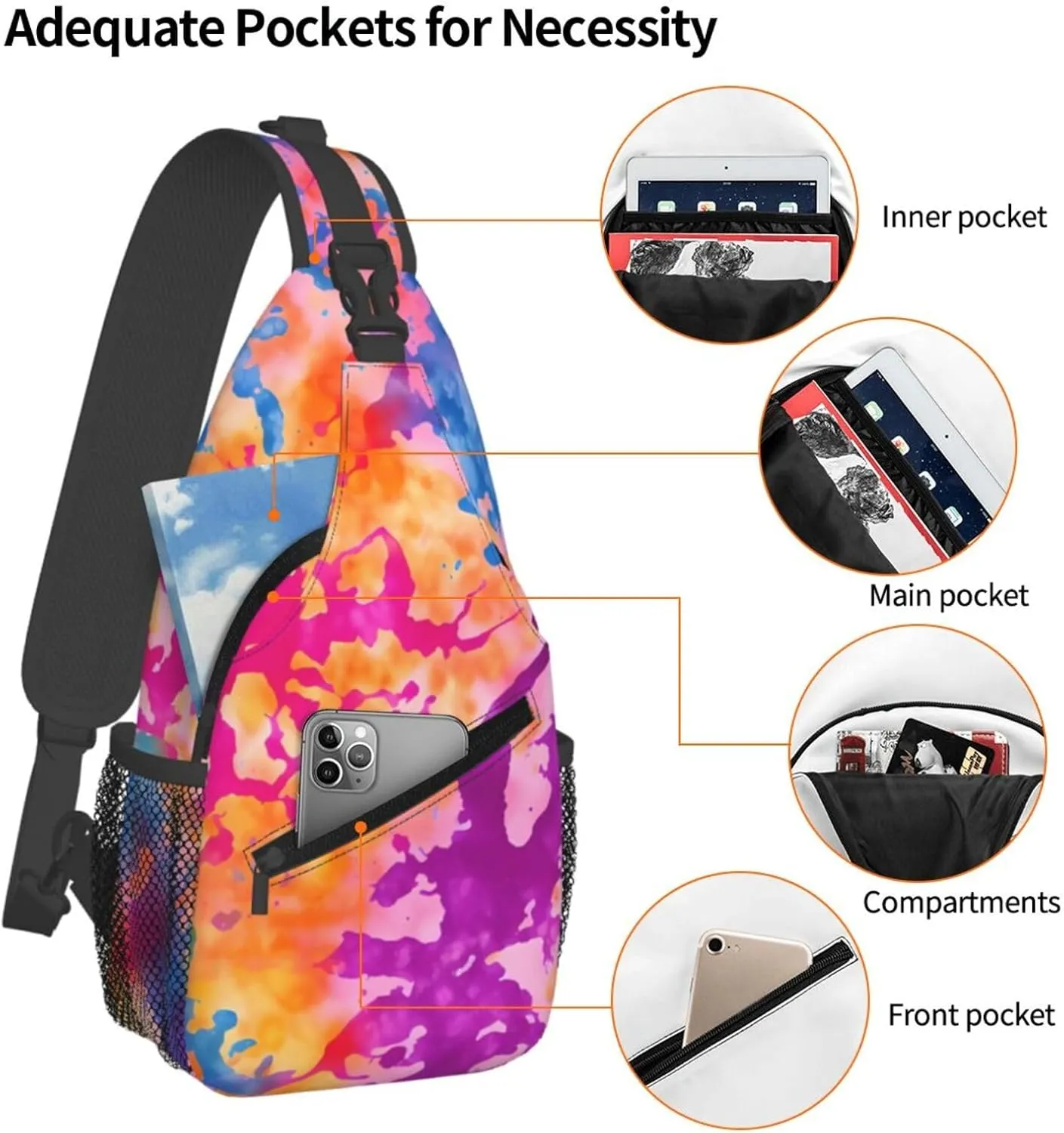 Tie Dye Swirl Rainbow Chest Bags Crossbody Sling Bag Shoulder Bag Travel Hiking Daypack For Men Women
