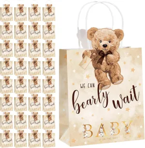 Tinlade 32 Pcs Bear Baby Shower Bags Paper Party Bags with Handles Baby Shower Favor Decorations for Guests Presents Supplies