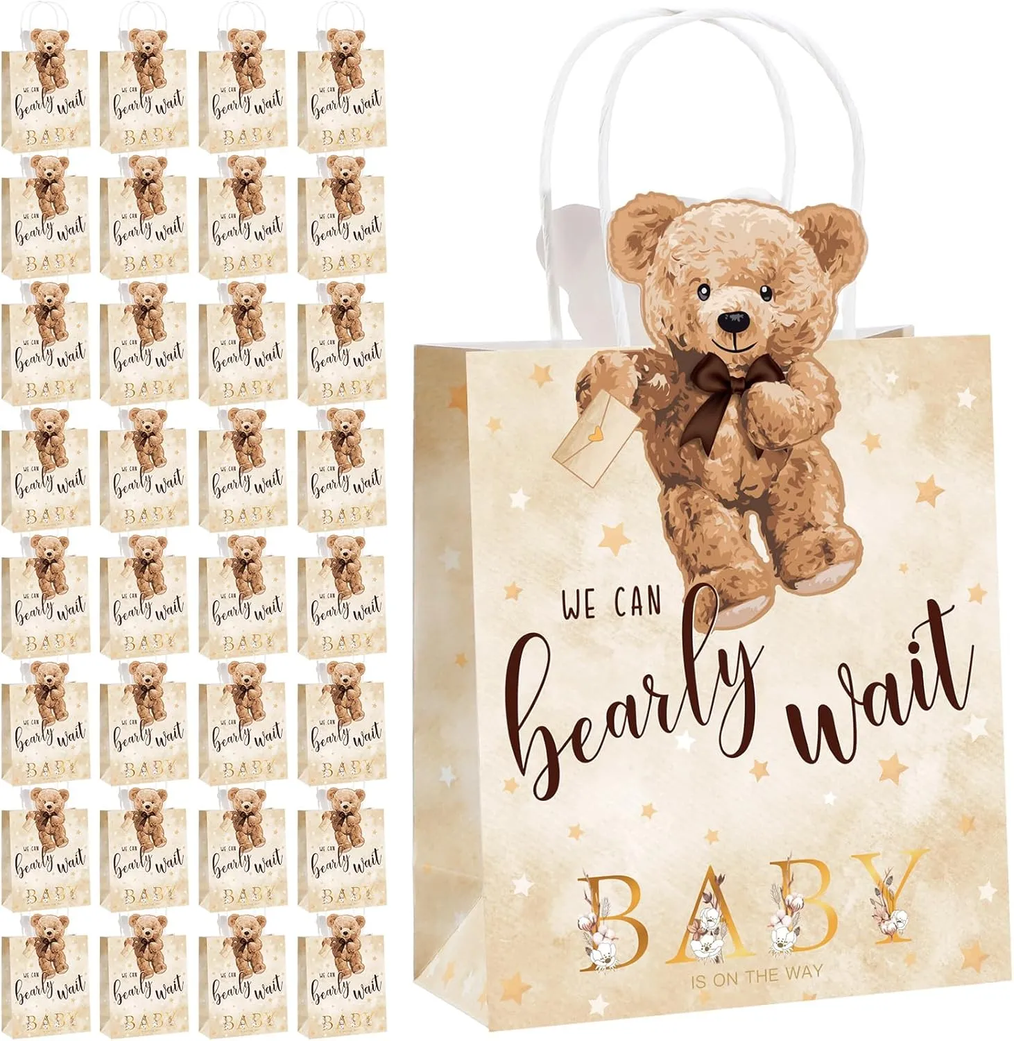 Tinlade 32 Pcs Bear Baby Shower Bags Paper Party Bags with Handles Baby Shower Favor Decorations for Guests Presents Supplies