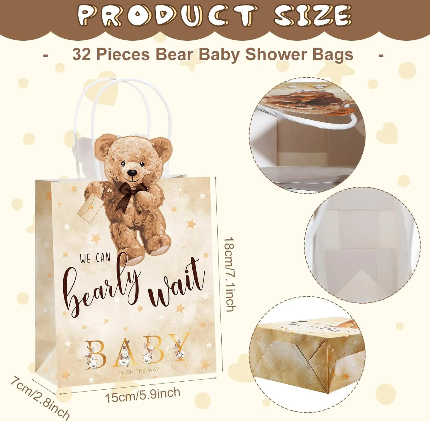 Tinlade 32 Pcs Bear Baby Shower Bags Paper Party Bags with Handles Baby Shower Favor Decorations for Guests Presents Supplies