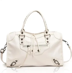 Tote Purse for Women Spacious Tote Faux Leather Hobo Rivet Bag Trendy Punk Rivet Shoulder Work Boston Bag (White)