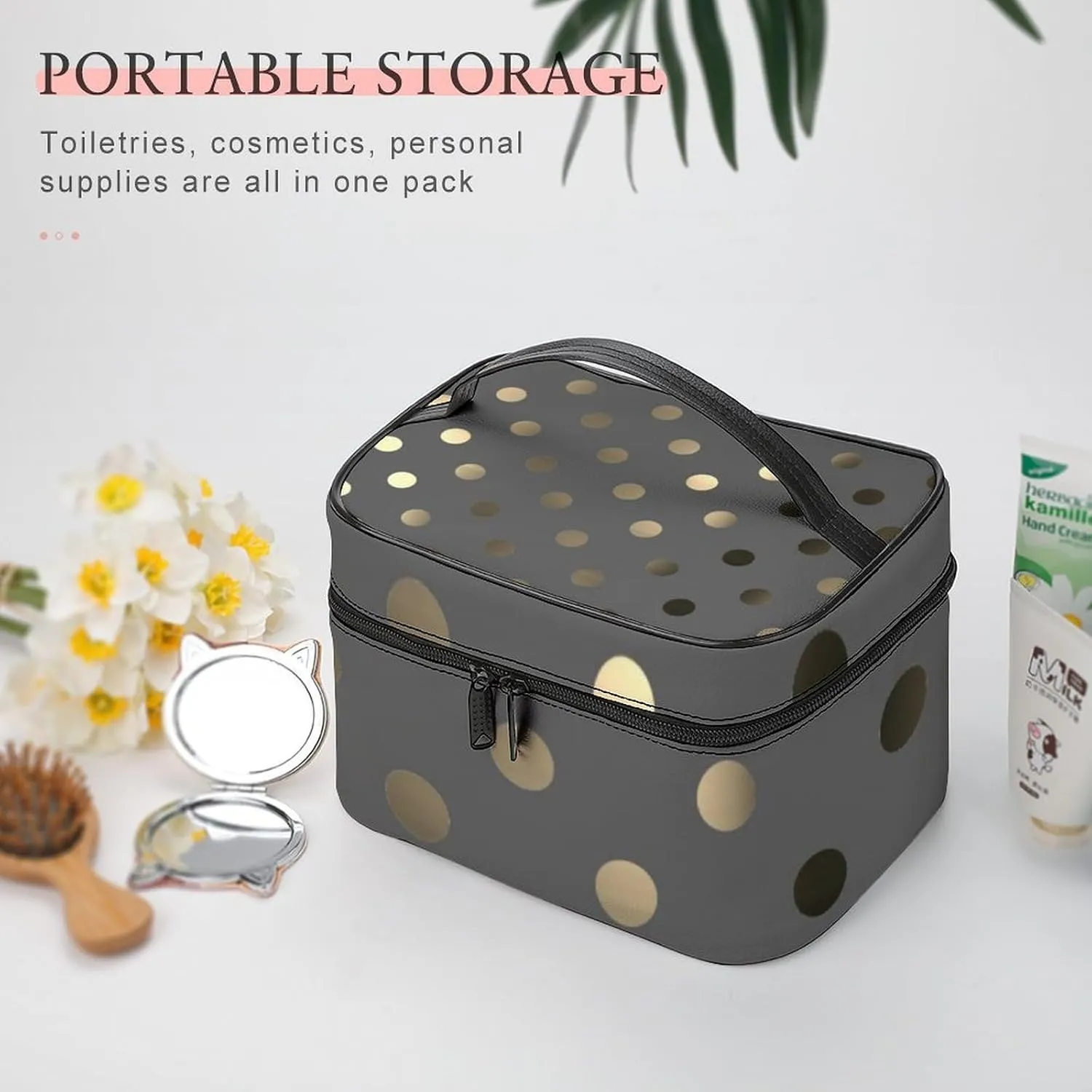 Travel Makeup Bag, Metallic Gold Gray Polka Dots Cosmetic Bags for Women Large Capacity Waterproof Toiletry Bag Make up Organizer