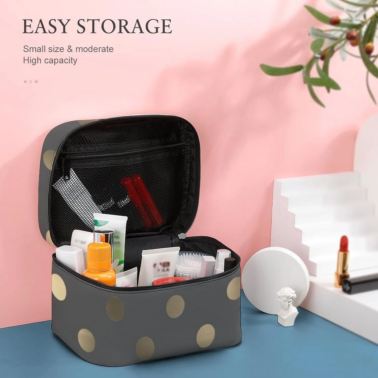 Travel Makeup Bag, Metallic Gold Gray Polka Dots Cosmetic Bags for Women Large Capacity Waterproof Toiletry Bag Make up Organizer