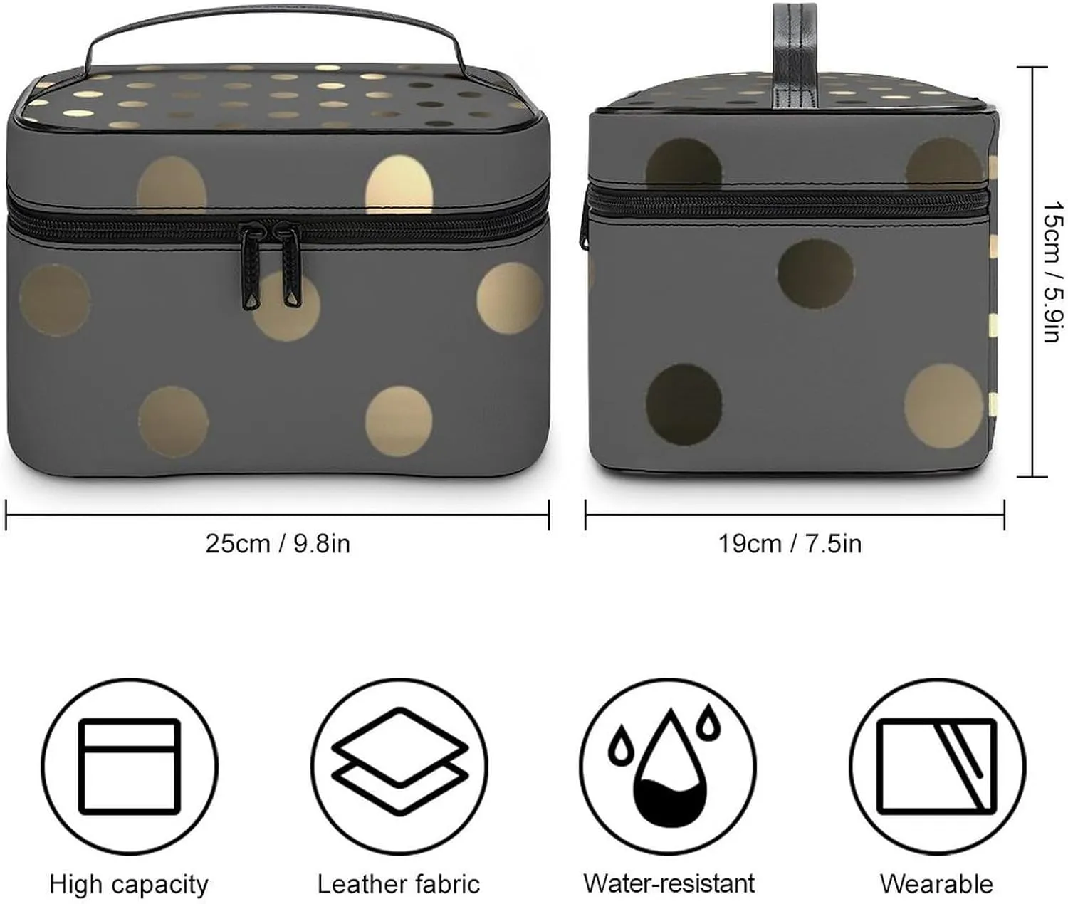 Travel Makeup Bag, Metallic Gold Gray Polka Dots Cosmetic Bags for Women Large Capacity Waterproof Toiletry Bag Make up Organizer