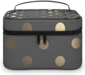 Travel Makeup Bag, Metallic Gold Gray Polka Dots Cosmetic Bags for Women Large Capacity Waterproof Toiletry Bag Make up Organizer