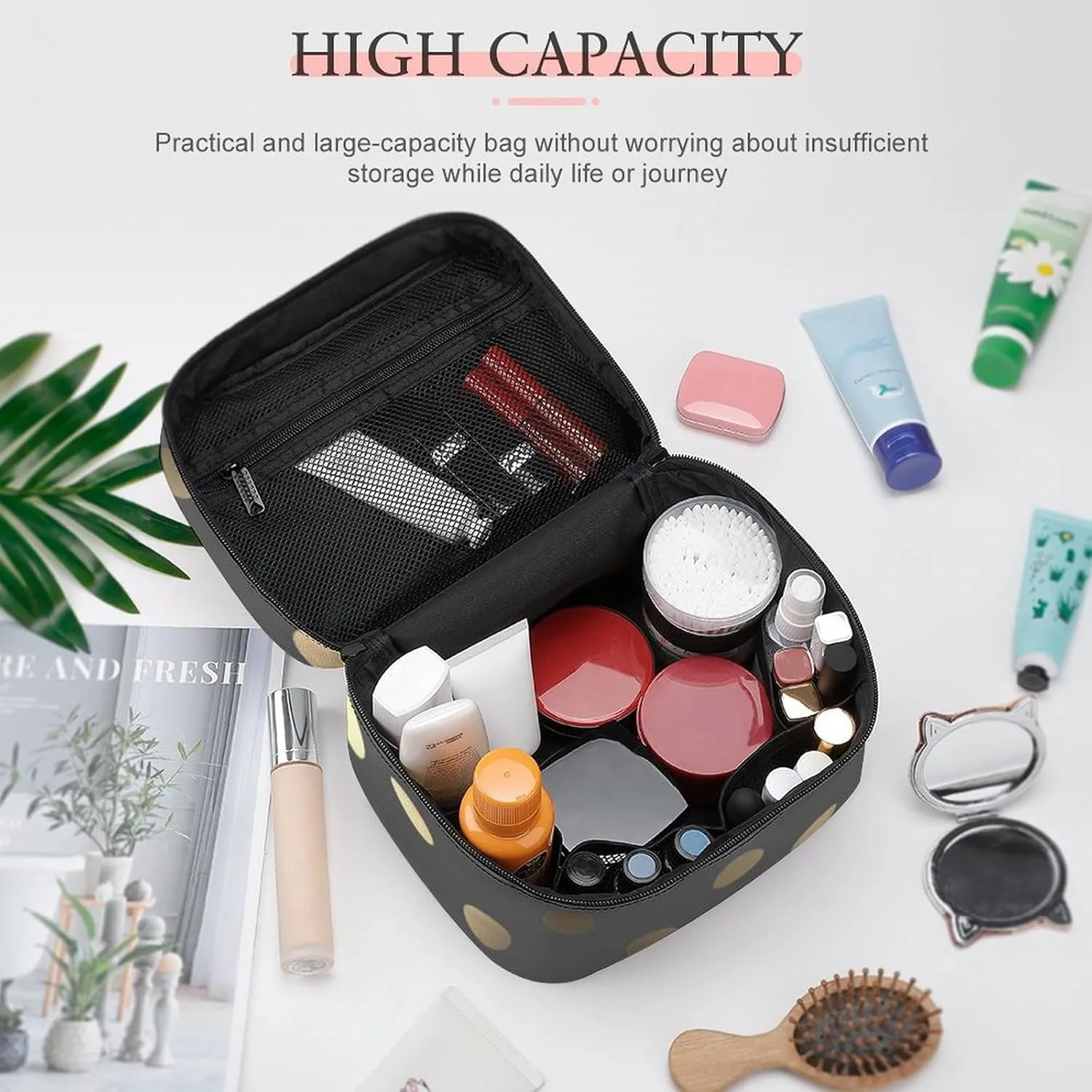 Travel Makeup Bag, Metallic Gold Gray Polka Dots Cosmetic Bags for Women Large Capacity Waterproof Toiletry Bag Make up Organizer