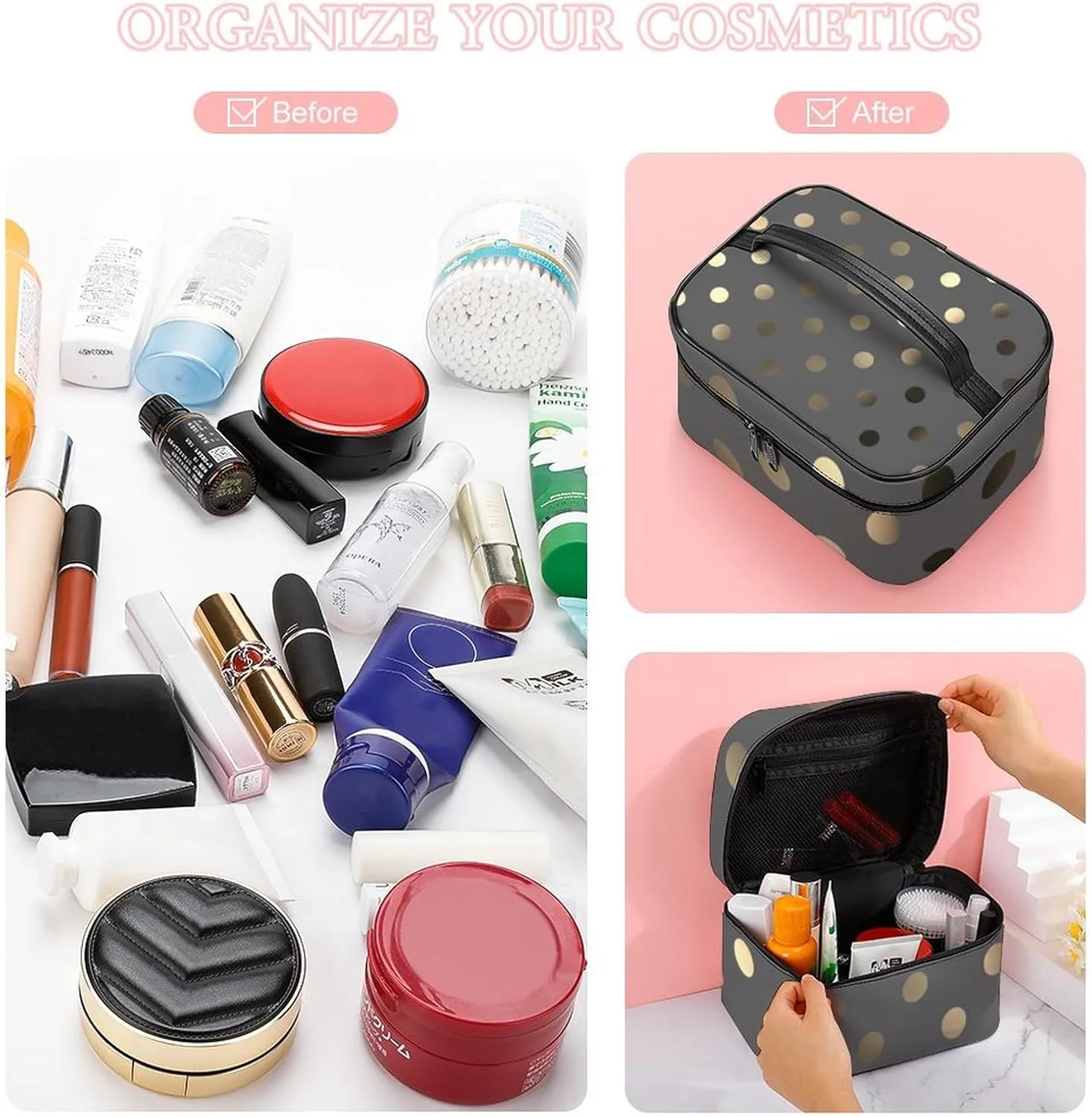 Travel Makeup Bag, Metallic Gold Gray Polka Dots Cosmetic Bags for Women Large Capacity Waterproof Toiletry Bag Make up Organizer