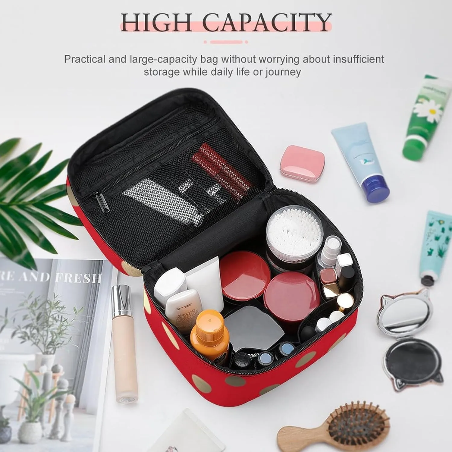 Travel Makeup Bag, Metallic Gold Vivid Red Polka Dots Cosmetic Bags for Women Large Capacity Waterproof Toiletry Bag Make up Organizer