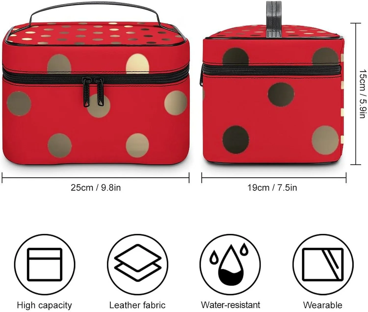 Travel Makeup Bag, Metallic Gold Vivid Red Polka Dots Cosmetic Bags for Women Large Capacity Waterproof Toiletry Bag Make up Organizer