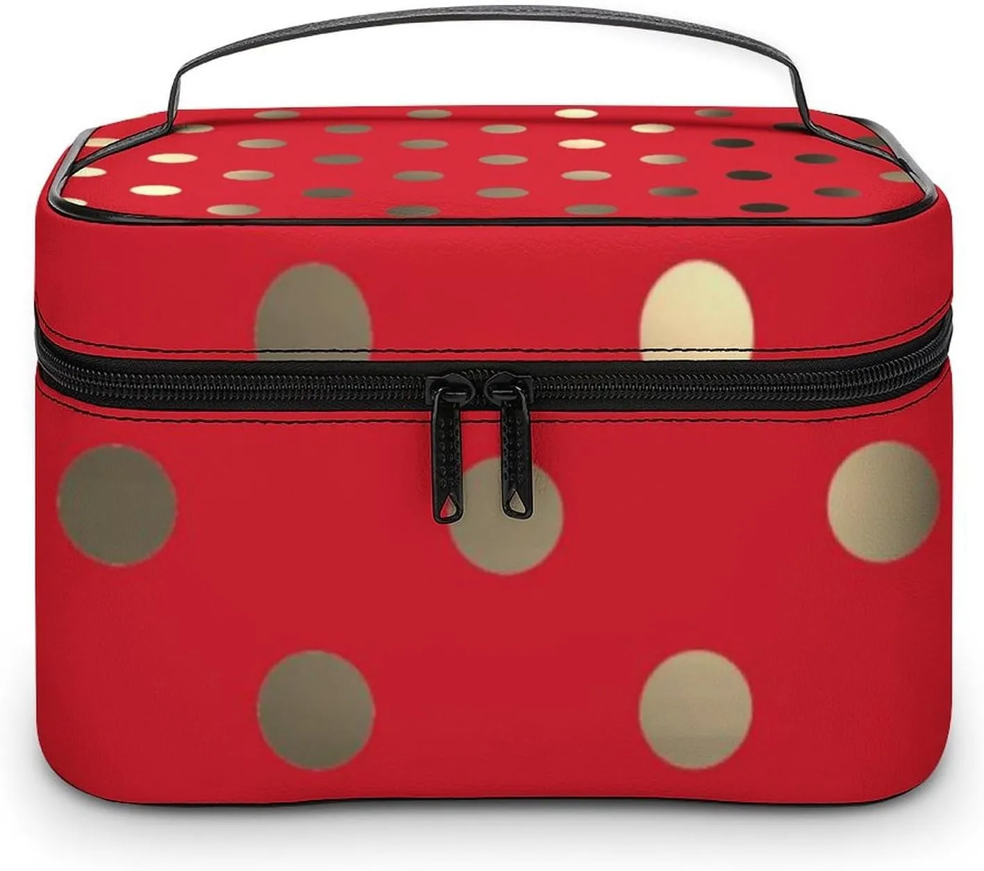 Travel Makeup Bag, Metallic Gold Vivid Red Polka Dots Cosmetic Bags for Women Large Capacity Waterproof Toiletry Bag Make up Organizer