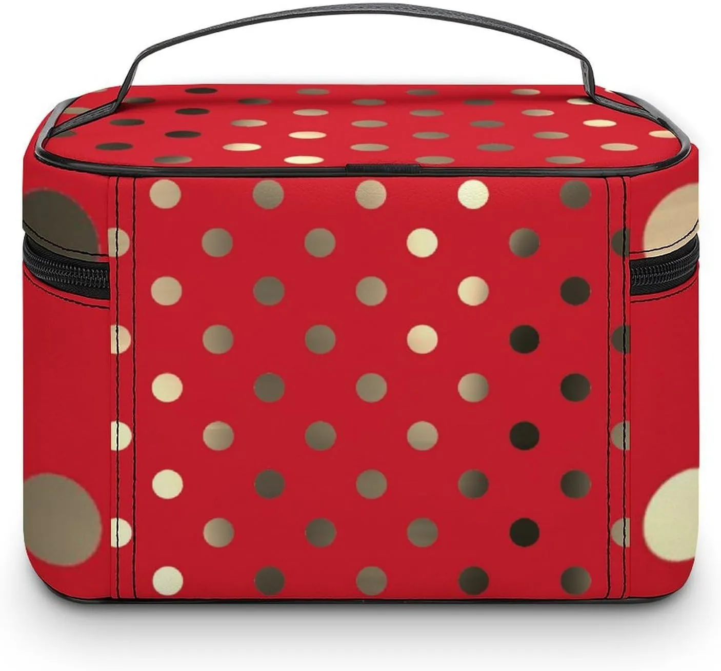 Travel Makeup Bag, Metallic Gold Vivid Red Polka Dots Cosmetic Bags for Women Large Capacity Waterproof Toiletry Bag Make up Organizer