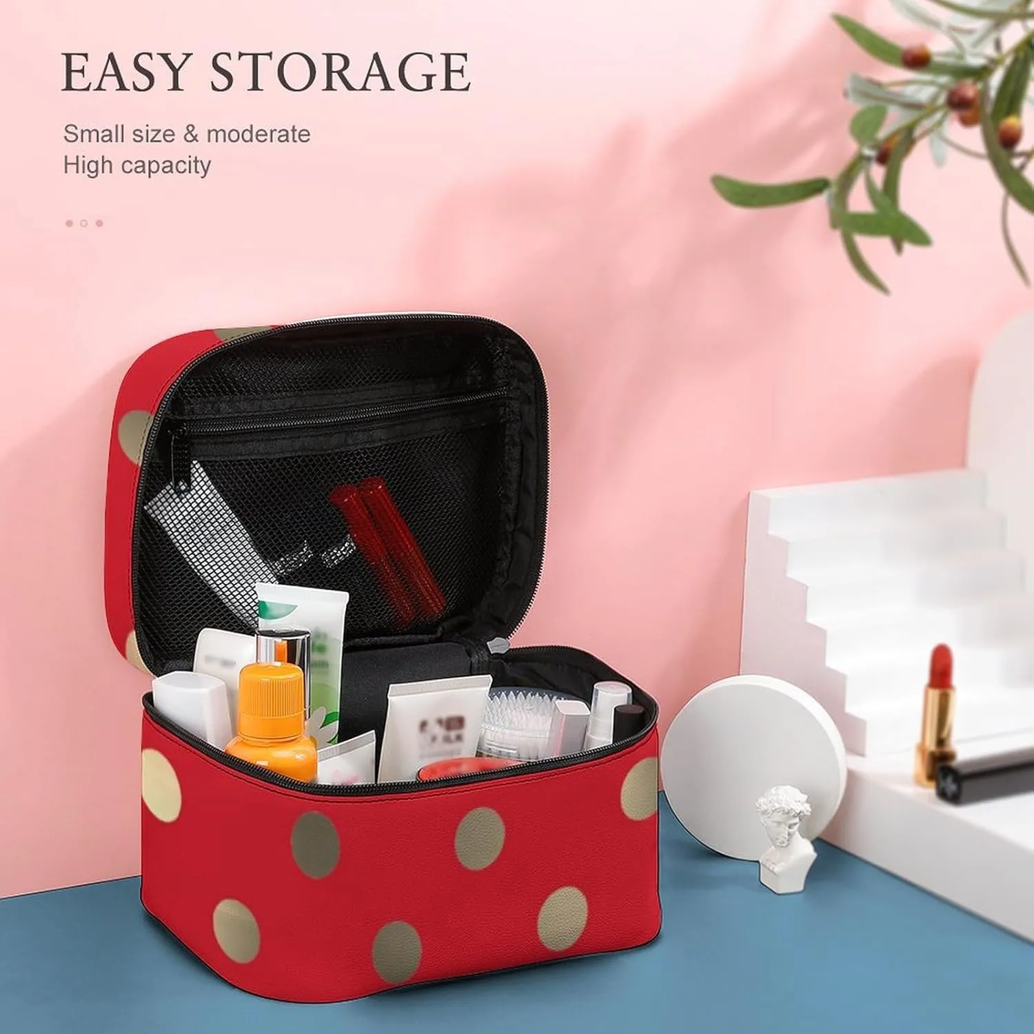 Travel Makeup Bag, Metallic Gold Vivid Red Polka Dots Cosmetic Bags for Women Large Capacity Waterproof Toiletry Bag Make up Organizer