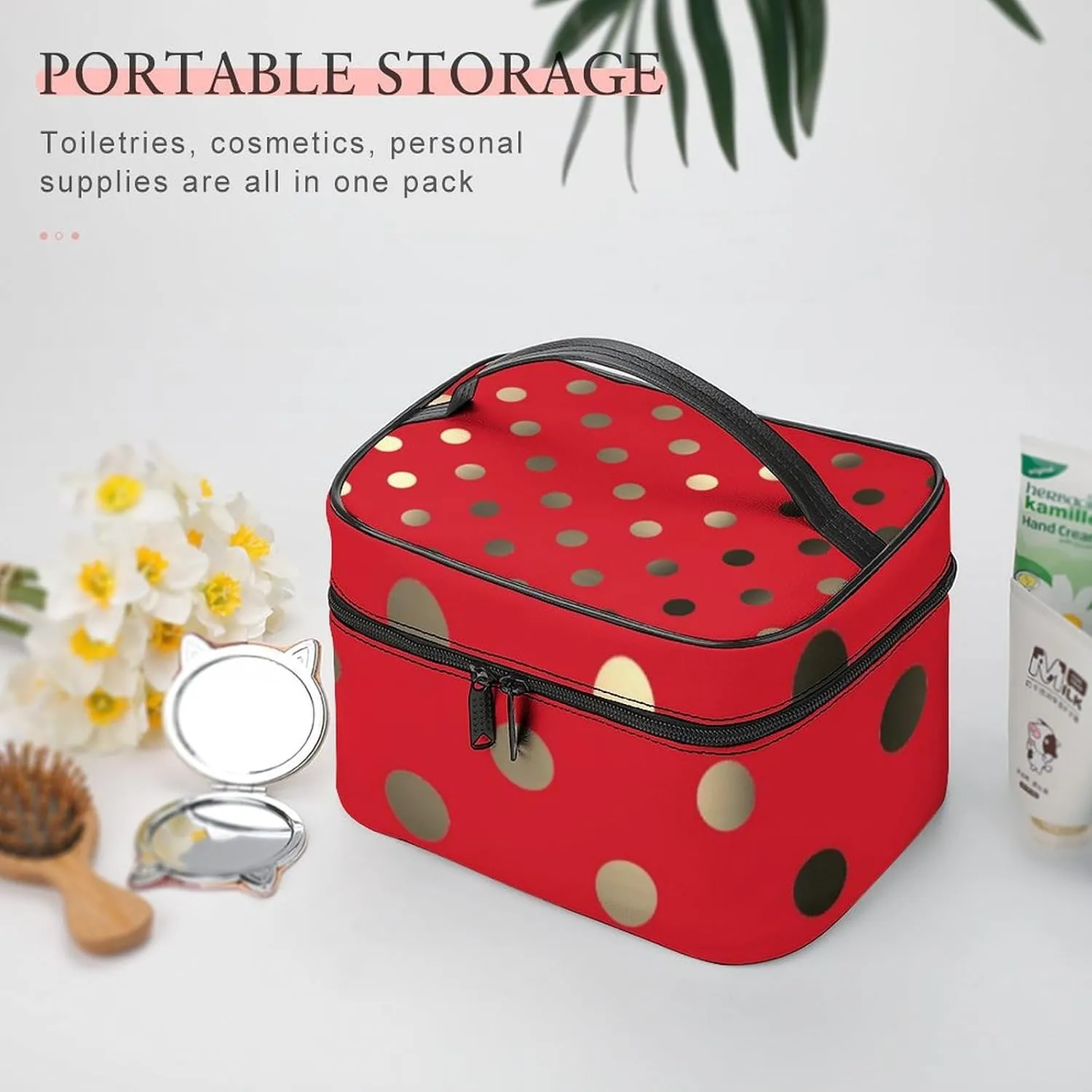 Travel Makeup Bag, Metallic Gold Vivid Red Polka Dots Cosmetic Bags for Women Large Capacity Waterproof Toiletry Bag Make up Organizer