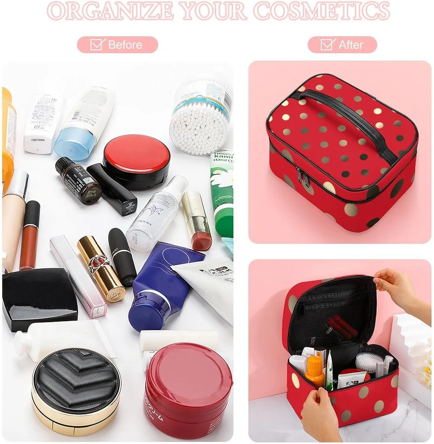 Travel Makeup Bag, Metallic Gold Vivid Red Polka Dots Cosmetic Bags for Women Large Capacity Waterproof Toiletry Bag Make up Organizer