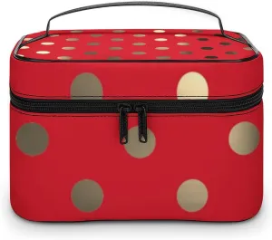 Travel Makeup Bag, Metallic Gold Vivid Red Polka Dots Cosmetic Bags for Women Large Capacity Waterproof Toiletry Bag Make up Organizer