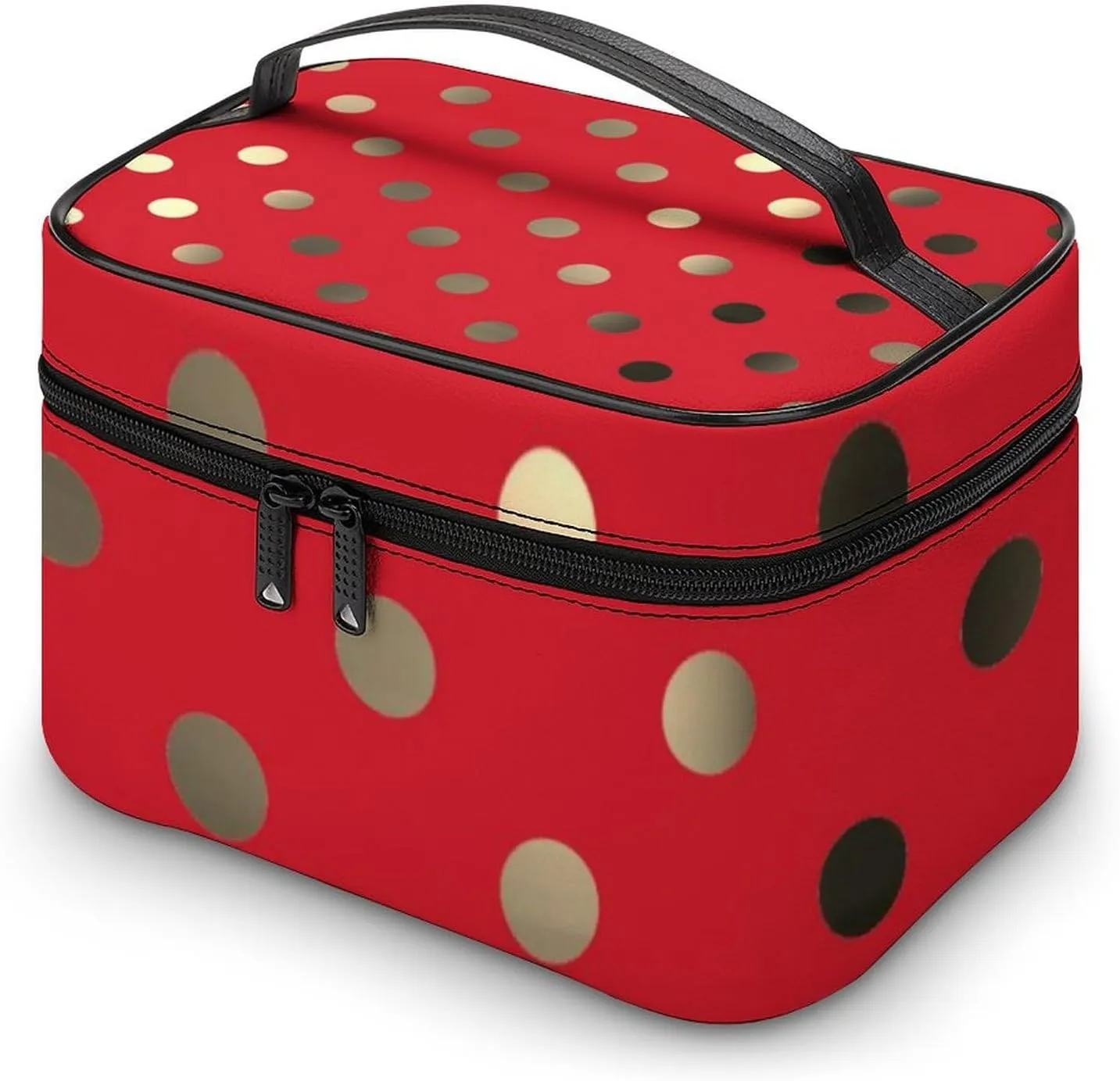 Travel Makeup Bag, Metallic Gold Vivid Red Polka Dots Cosmetic Bags for Women Large Capacity Waterproof Toiletry Bag Make up Organizer