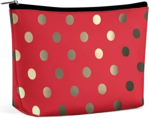 Travel Makeup Bag, Metallic Gold Vivid Red Polka Dots Cosmetic Bags for Women Large Capacity Waterproof Toiletry Pouch Make up Organizer