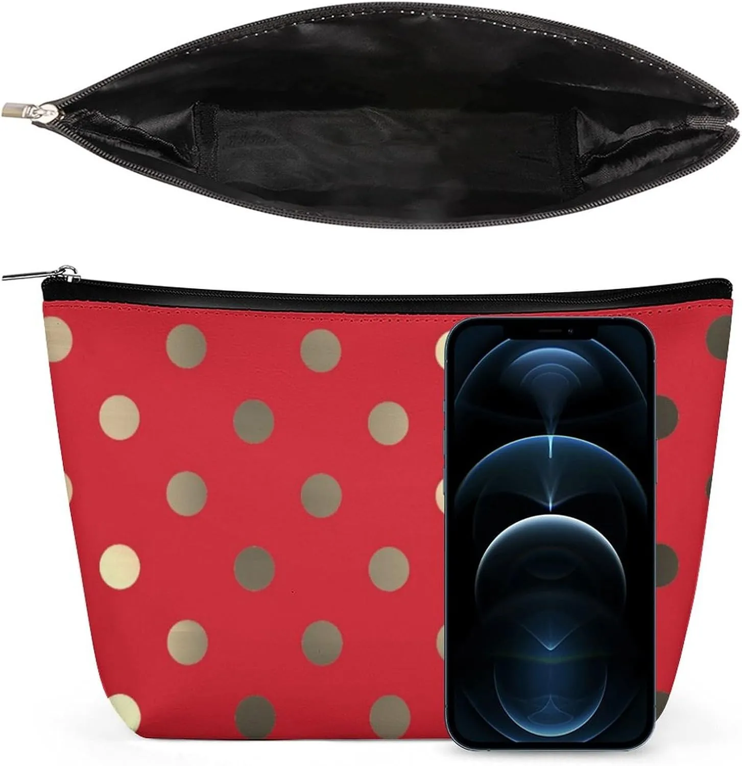 Travel Makeup Bag, Metallic Gold Vivid Red Polka Dots Cosmetic Bags for Women Large Capacity Waterproof Toiletry Pouch Make up Organizer
