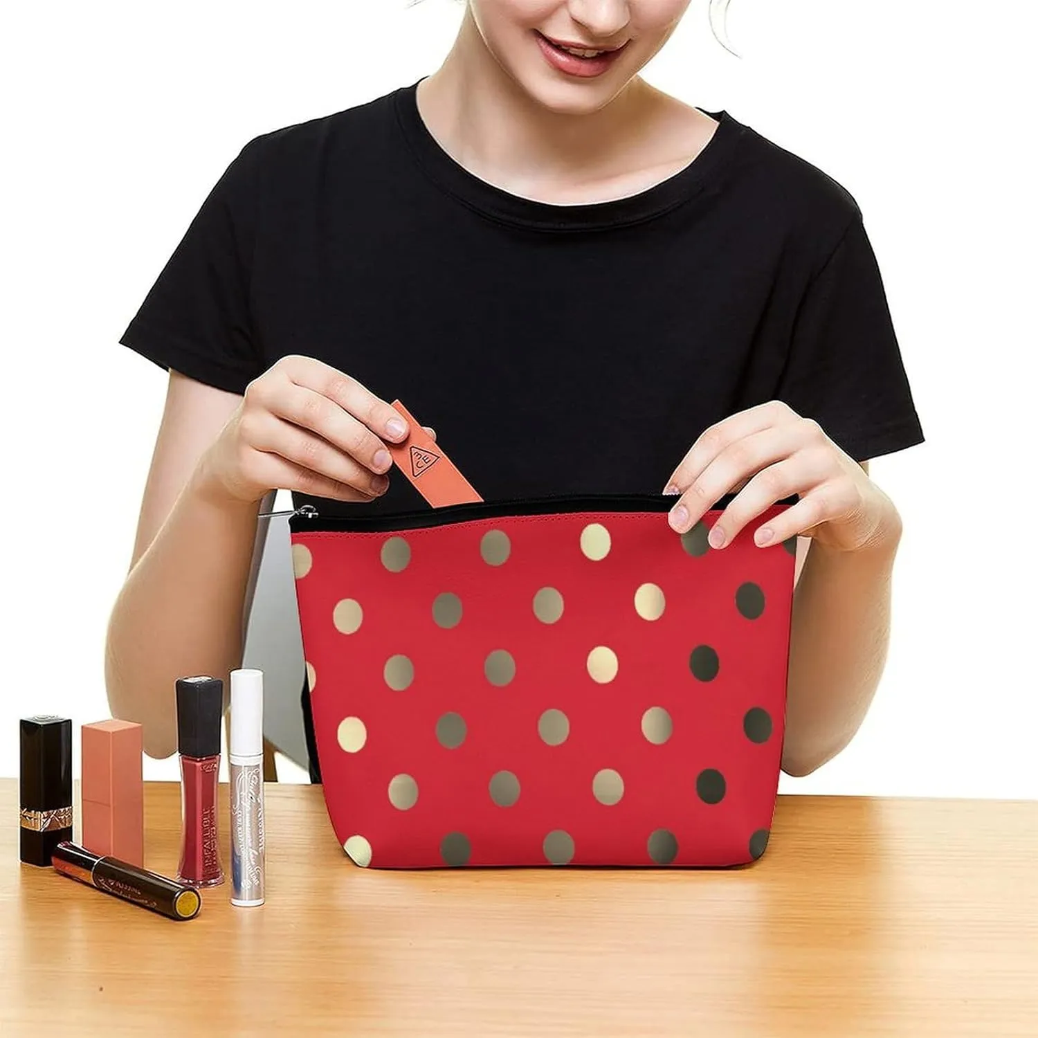 Travel Makeup Bag, Metallic Gold Vivid Red Polka Dots Cosmetic Bags for Women Large Capacity Waterproof Toiletry Pouch Make up Organizer