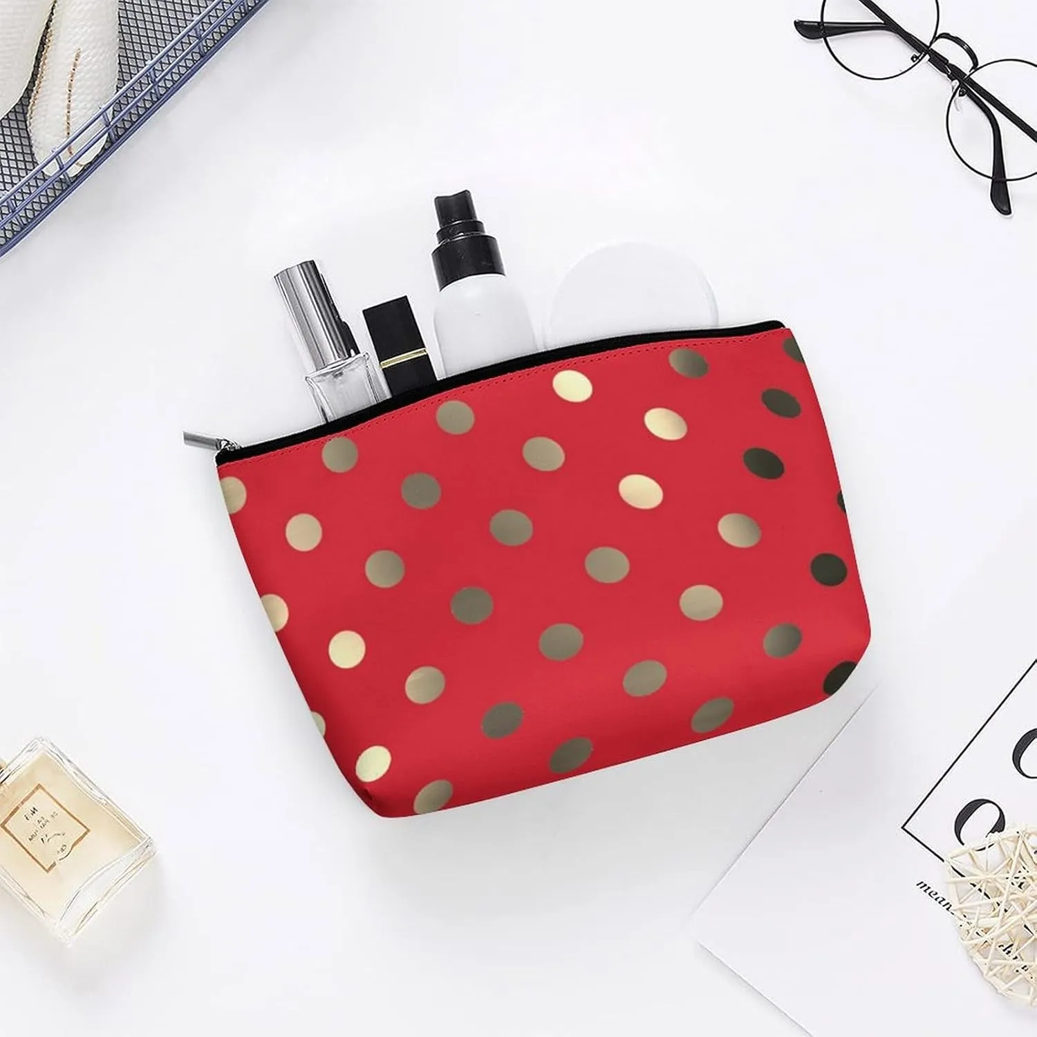 Travel Makeup Bag, Metallic Gold Vivid Red Polka Dots Cosmetic Bags for Women Large Capacity Waterproof Toiletry Pouch Make up Organizer