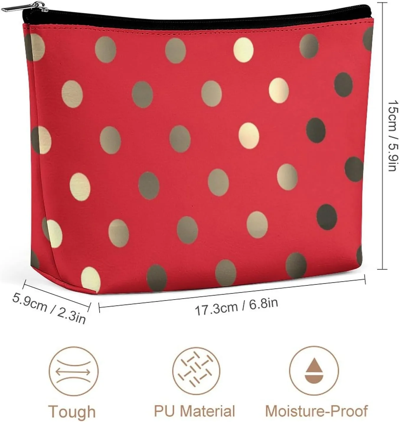 Travel Makeup Bag, Metallic Gold Vivid Red Polka Dots Cosmetic Bags for Women Large Capacity Waterproof Toiletry Pouch Make up Organizer