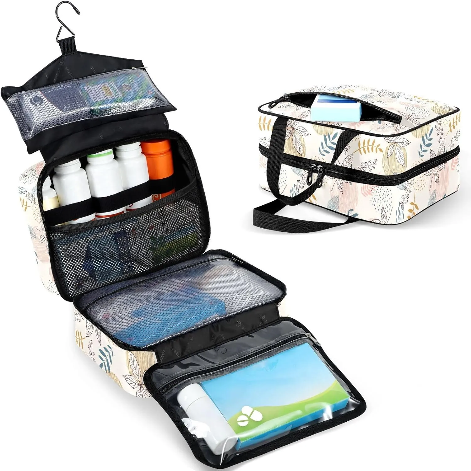 Travel Toiletry Bag for Woman/Men,Boho Leafs Floral Beige Hanging Organizer Bag with Pockets Portable Folding Travel Case Bags for Makeup Cosmetic Toiletries Storage Traveling-M