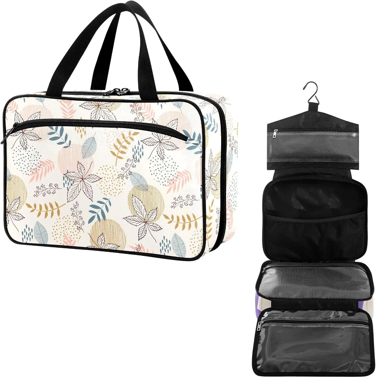 Travel Toiletry Bag for Woman/Men,Boho Leafs Floral Beige Hanging Organizer Bag with Pockets Portable Folding Travel Case Bags for Makeup Cosmetic Toiletries Storage Traveling-M