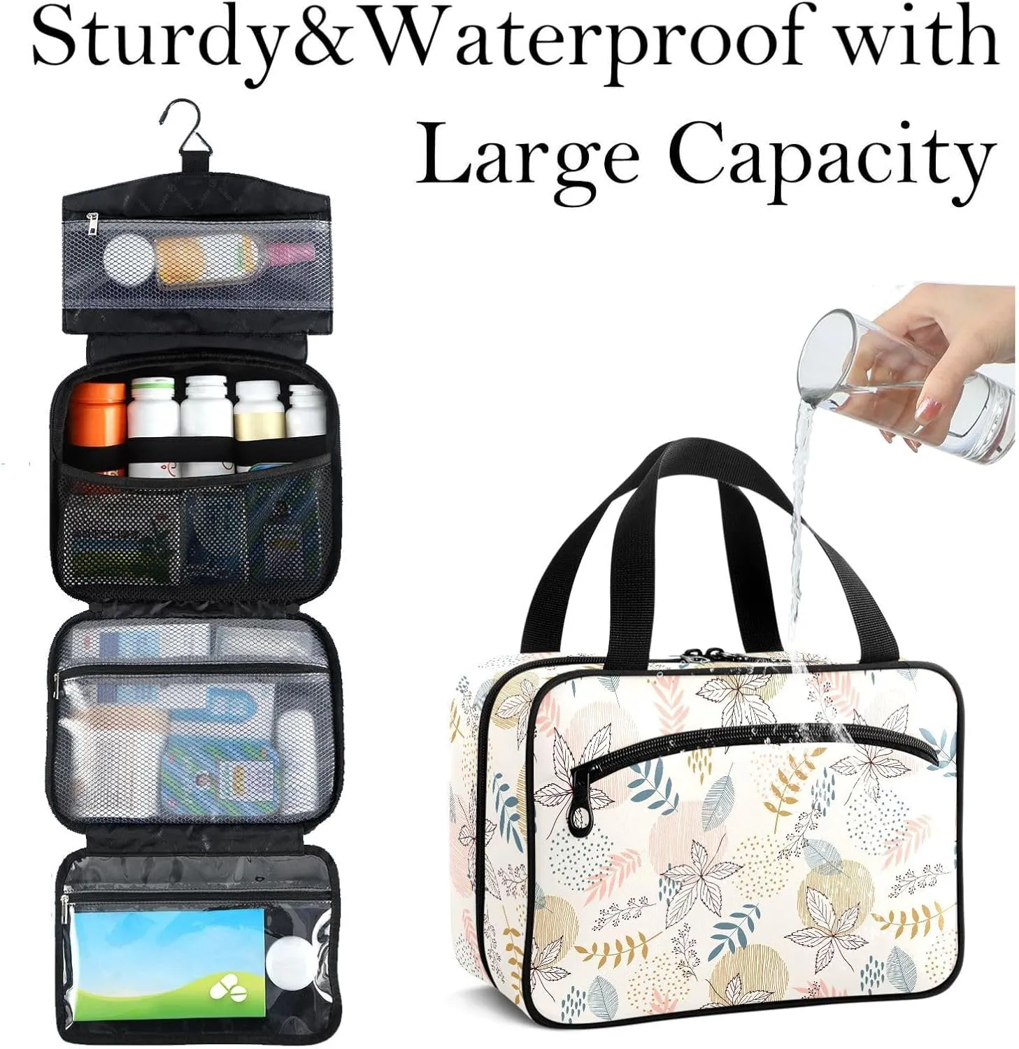 Travel Toiletry Bag for Woman/Men,Boho Leafs Floral Beige Hanging Organizer Bag with Pockets Portable Folding Travel Case Bags for Makeup Cosmetic Toiletries Storage Traveling-M