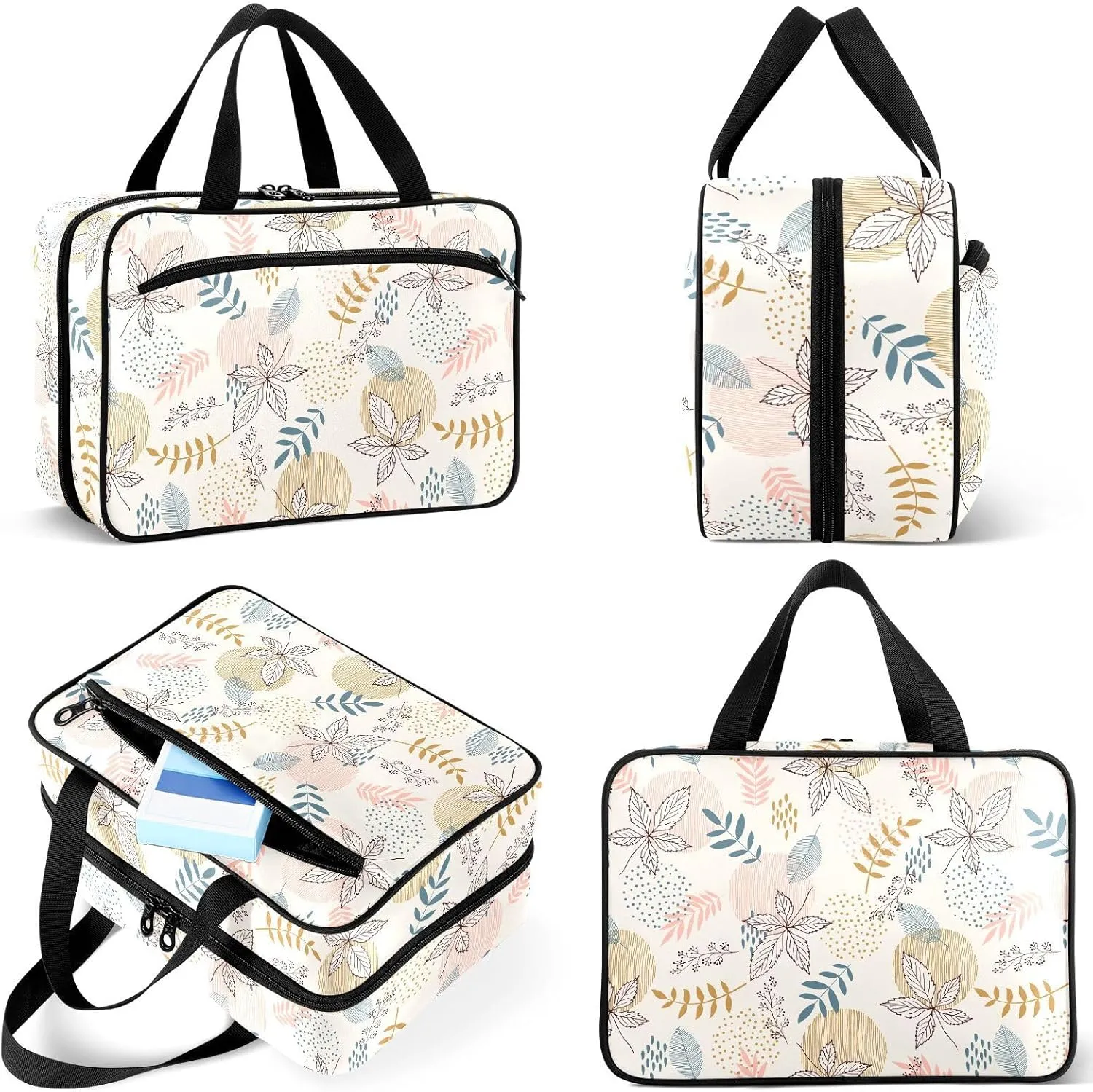 Travel Toiletry Bag for Woman/Men,Boho Leafs Floral Beige Hanging Organizer Bag with Pockets Portable Folding Travel Case Bags for Makeup Cosmetic Toiletries Storage Traveling-M