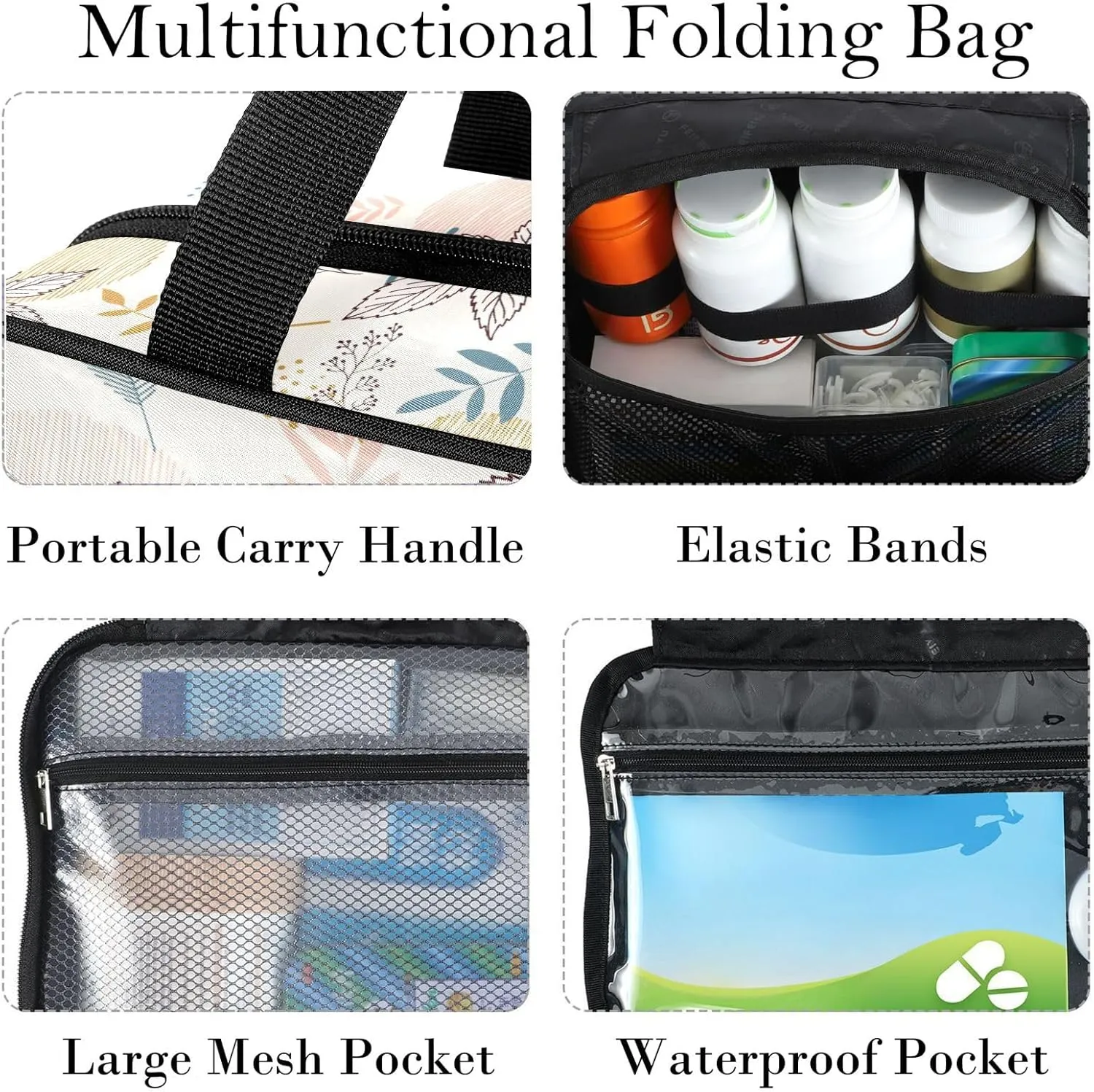 Travel Toiletry Bag for Woman/Men,Boho Leafs Floral Beige Hanging Organizer Bag with Pockets Portable Folding Travel Case Bags for Makeup Cosmetic Toiletries Storage Traveling-M