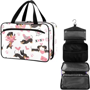 Travel Toiletry Bag for Woman/Men,Xo Kisses and Hugs Dachshund Cute Dog Hanging Organizer Bag with Pockets Portable Folding Travel Case Bags for Makeup Cosmetic Toiletries Storage Traveling-L
