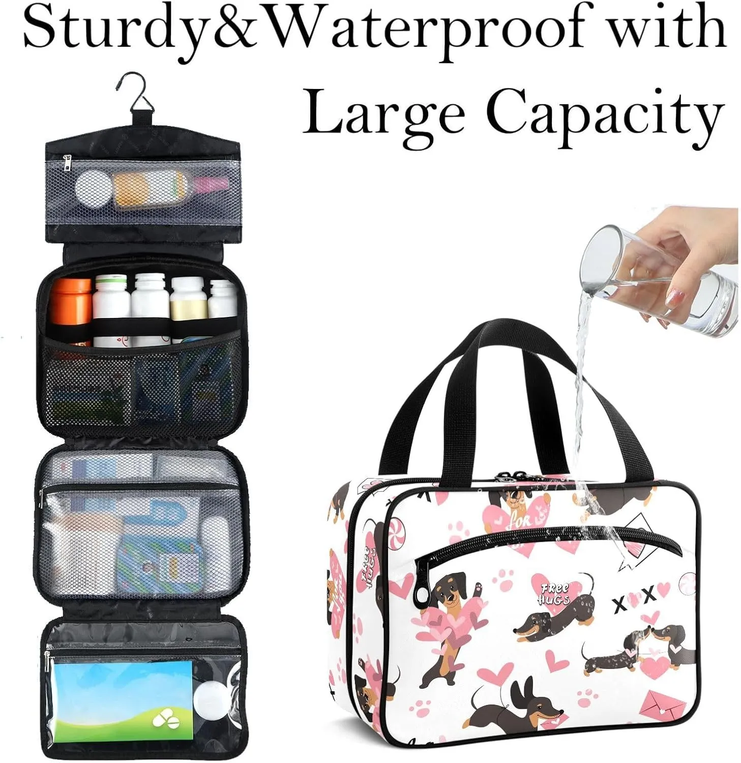 Travel Toiletry Bag for Woman/Men,Xo Kisses and Hugs Dachshund Cute Dog Hanging Organizer Bag with Pockets Portable Folding Travel Case Bags for Makeup Cosmetic Toiletries Storage Traveling-L