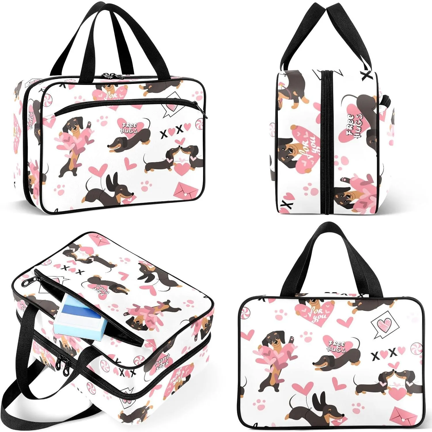 Travel Toiletry Bag for Woman/Men,Xo Kisses and Hugs Dachshund Cute Dog Hanging Organizer Bag with Pockets Portable Folding Travel Case Bags for Makeup Cosmetic Toiletries Storage Traveling-L