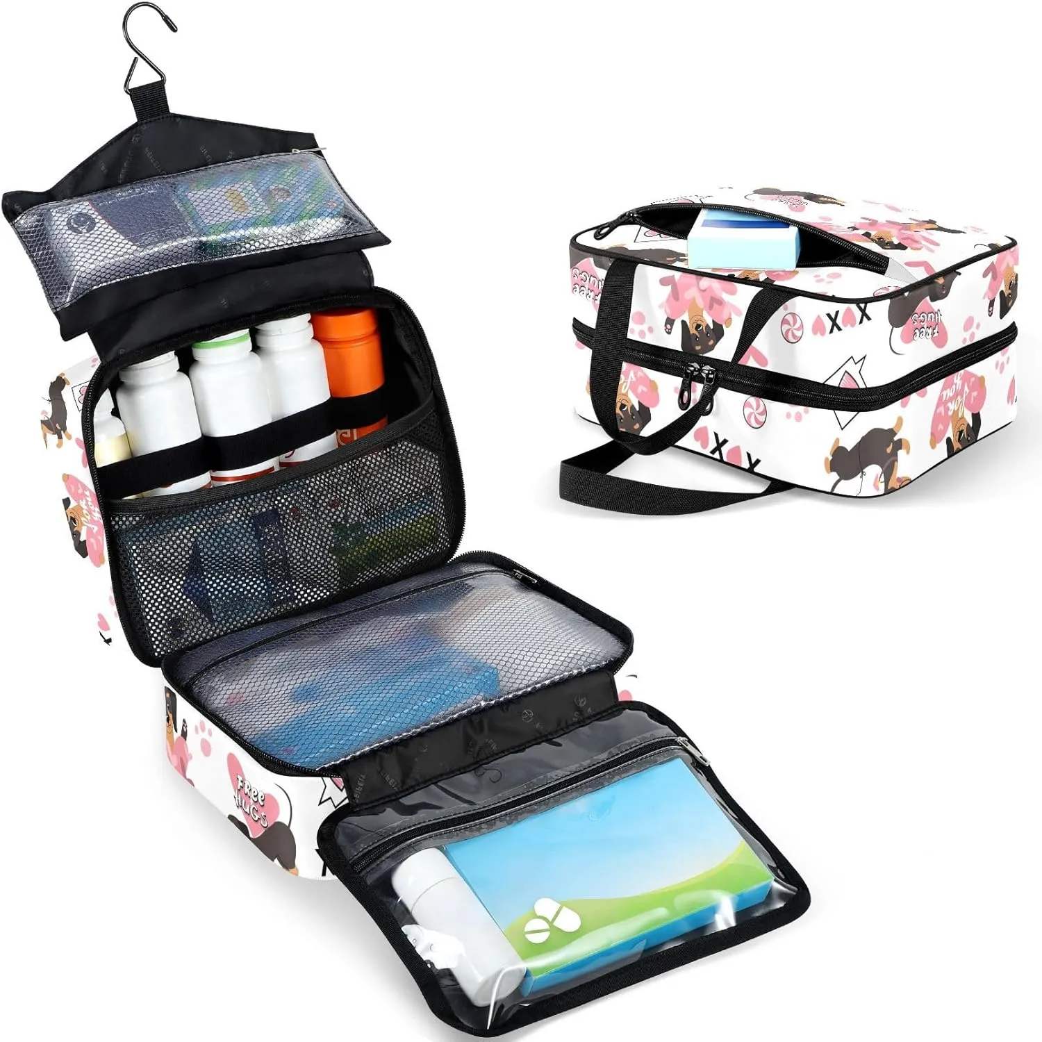 Travel Toiletry Bag for Woman/Men,Xo Kisses and Hugs Dachshund Cute Dog Hanging Organizer Bag with Pockets Portable Folding Travel Case Bags for Makeup Cosmetic Toiletries Storage Traveling-L