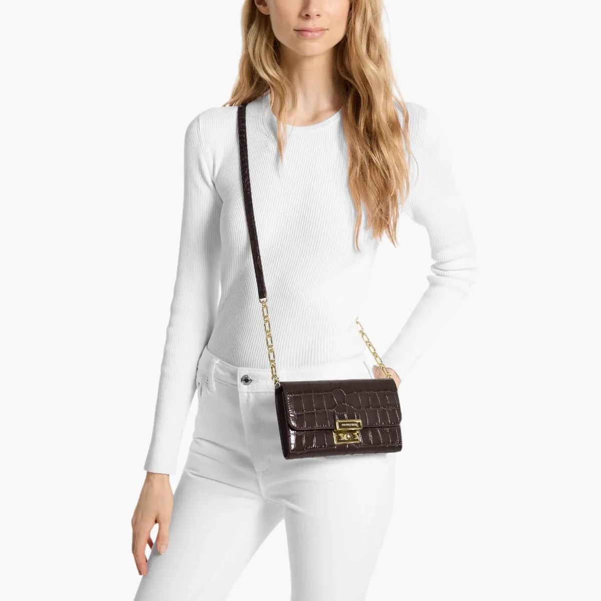 Tribeca Large Crocodile Embossed Leather Convertible Crossbody Bag