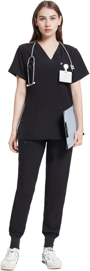 Uniforms World Scrubs for Women Set - Stretch Scrub Top & Pants with 8 Pockets, Yoga Waistband, Anti Wrinkle, Slim Fit