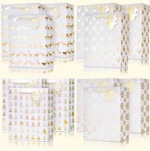 UNIQOOO 12PCS Metallic Gold Christmas Gift Bags Bulk with Tag, Large 12.5 x10.5 Inch, Assorted Snowflake, Reindeer, Xmas Tree Holiday Gift Wrap Paper Bag For Shirt, New Year Party Favor Gift Packaging