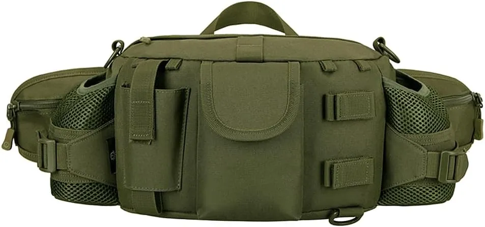 UNISTRENGH Tactical Waist Pack Bag With 2-Water Bottle Pocket Holder Military Fanny Packs Waterproof Hip Belt Bag Pouch for Hunting Trekking Running (Military Green)