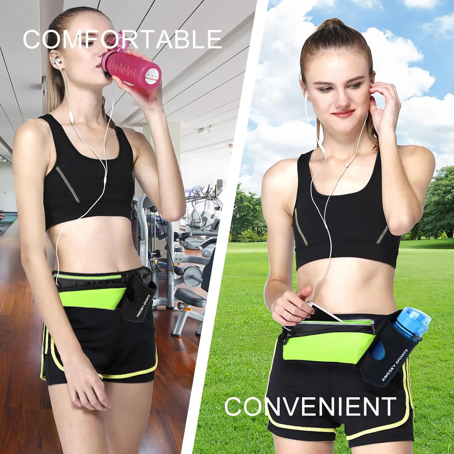 Waist Pack Sports Running Belt Pouch Bag with Water Bottle Holder and 2 Zipped Pockets for iPhone, Samsung or Smartphones hydration packs for Man Women Workout Outdoors Climbing Cycling