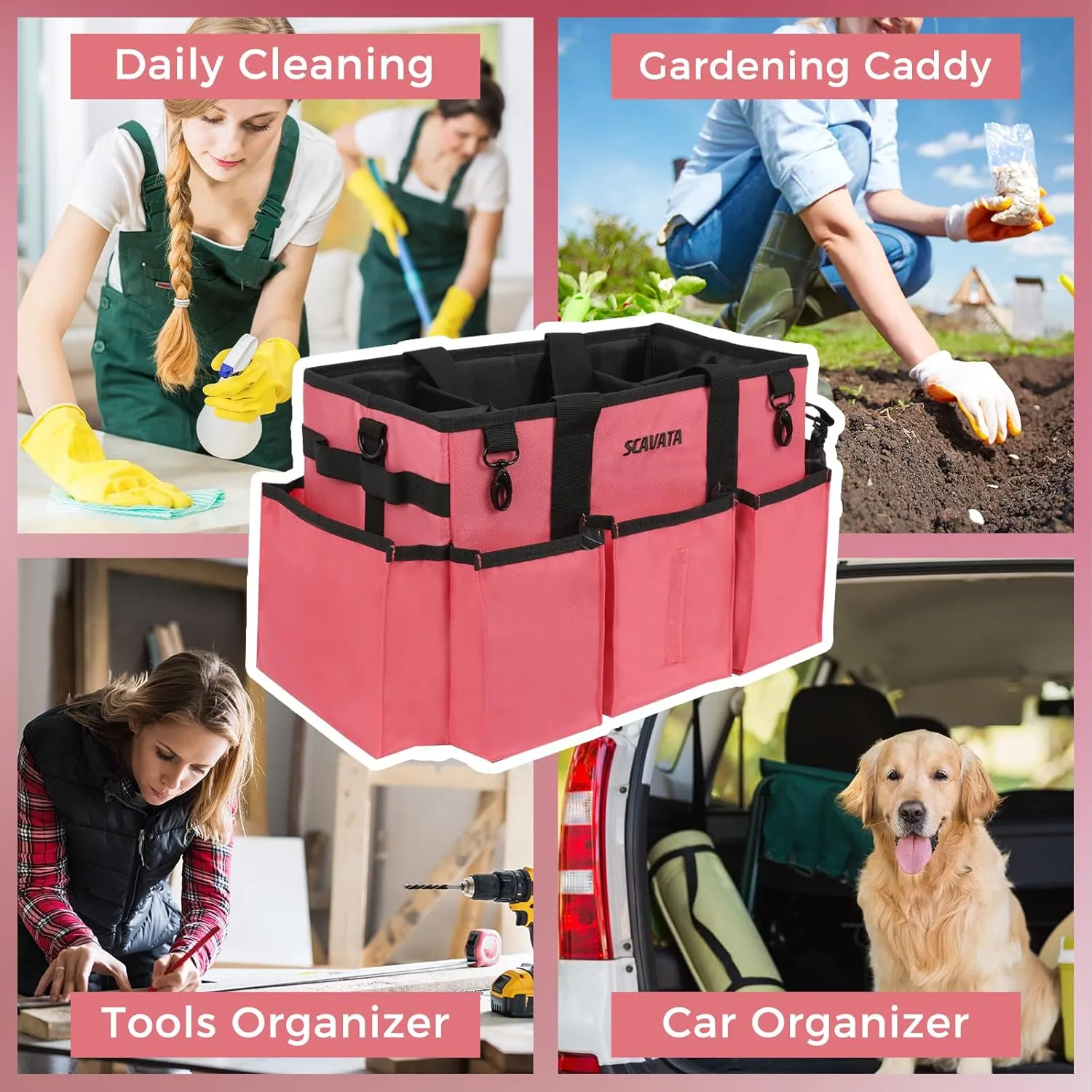 Wearable Cleaning Caddy Bag, Cleaning Caddy Supplies Organizer with Handle & Shoulder Straps for Housekeepers, Under Sink & Car Cleaning Tool Organizers with 4 Foldable Divider (RoseRed)