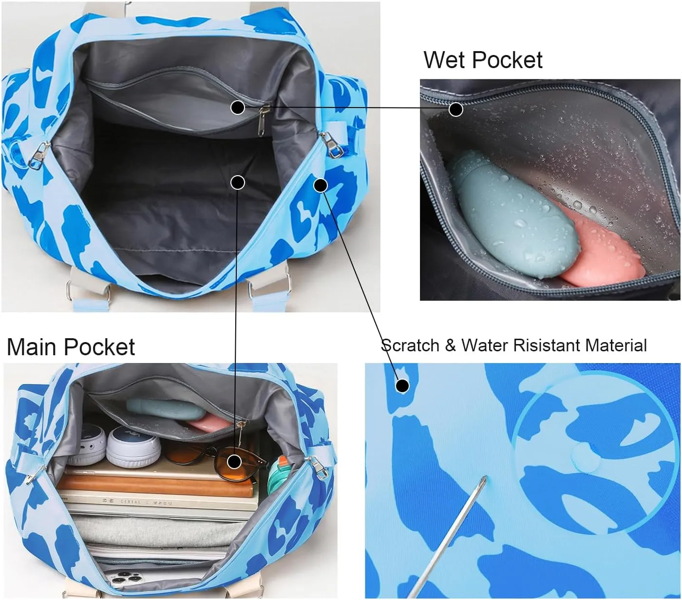 Weekender Duffel Sport Gym Bag Overnight Travel duffle Bags with Wet Pocket TB2301A Blue