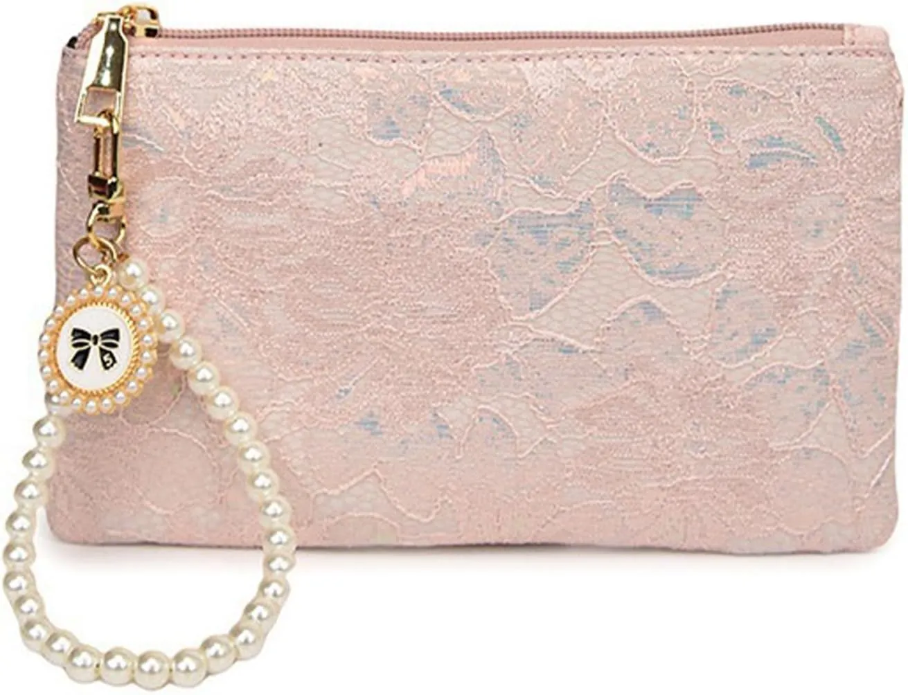 Women Elegant Lace Embroidery Pearl Trim Long Clutch Purse Wristlet Wallet with Secure Zipper Closure Light Blue Evening Bag for Cash Cards Coins Travel Party Accessories