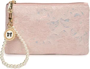 Women Elegant Lace Embroidery Pearl Trim Long Clutch Purse Wristlet Wallet with Secure Zipper Closure Light Blue Evening Bag for Cash Cards Coins Travel Party Accessories
