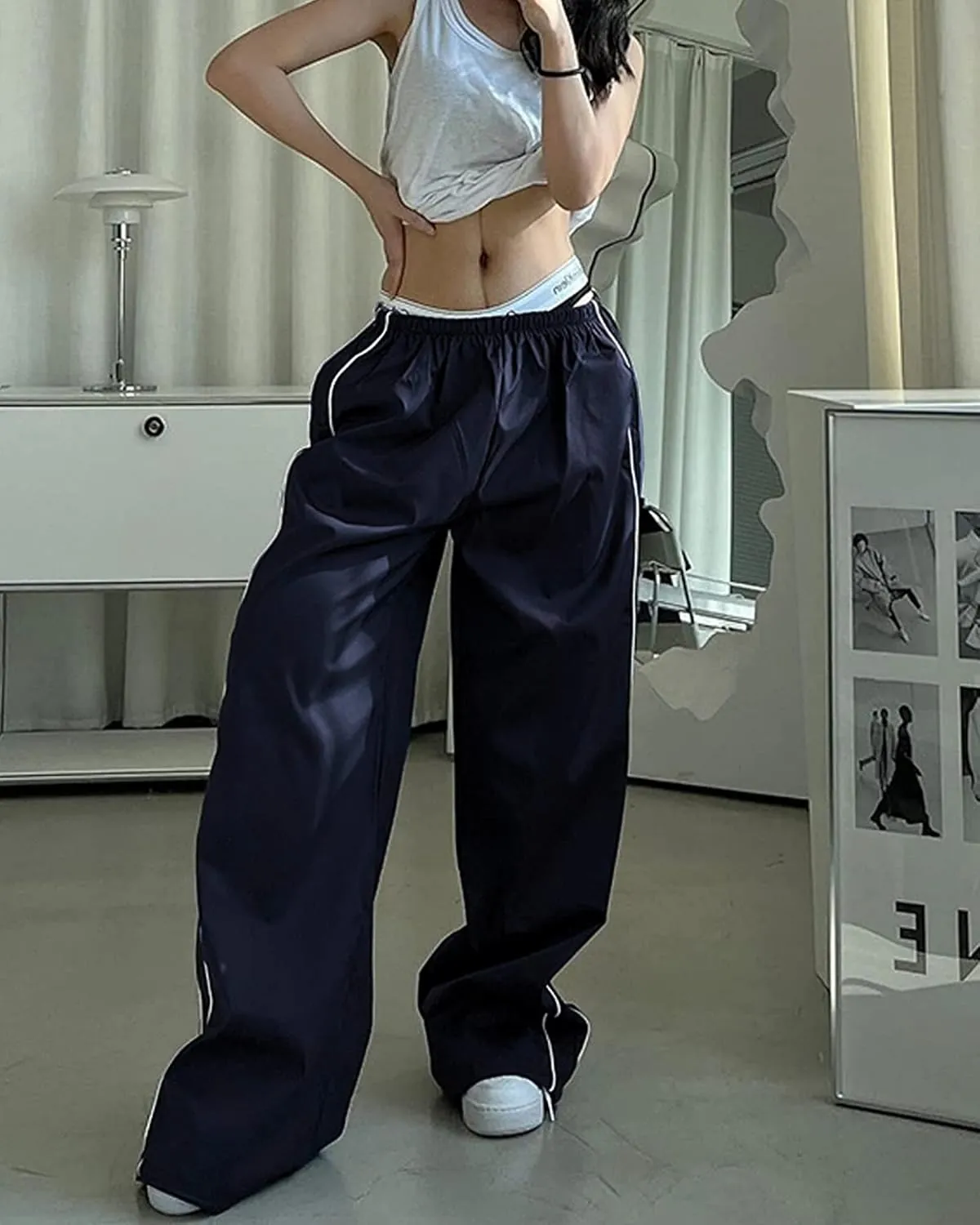 Women Y2K Baggy Track Pants Elastic Waist Wide Leg Parachute Jogger Sweatpants